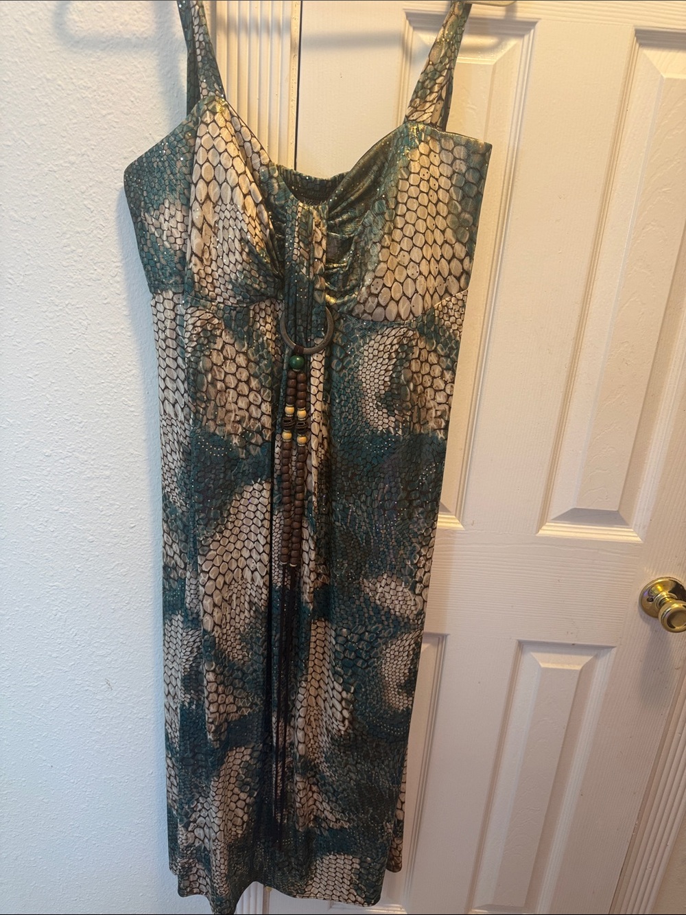 Roz & Ali Teal and Cream Snake-Print Midi Dress with Beaded Tie
